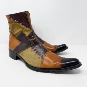 Monteli Brown Leather & Suede Patchwork Chelsea Boots Men's Size 12 Side Zip